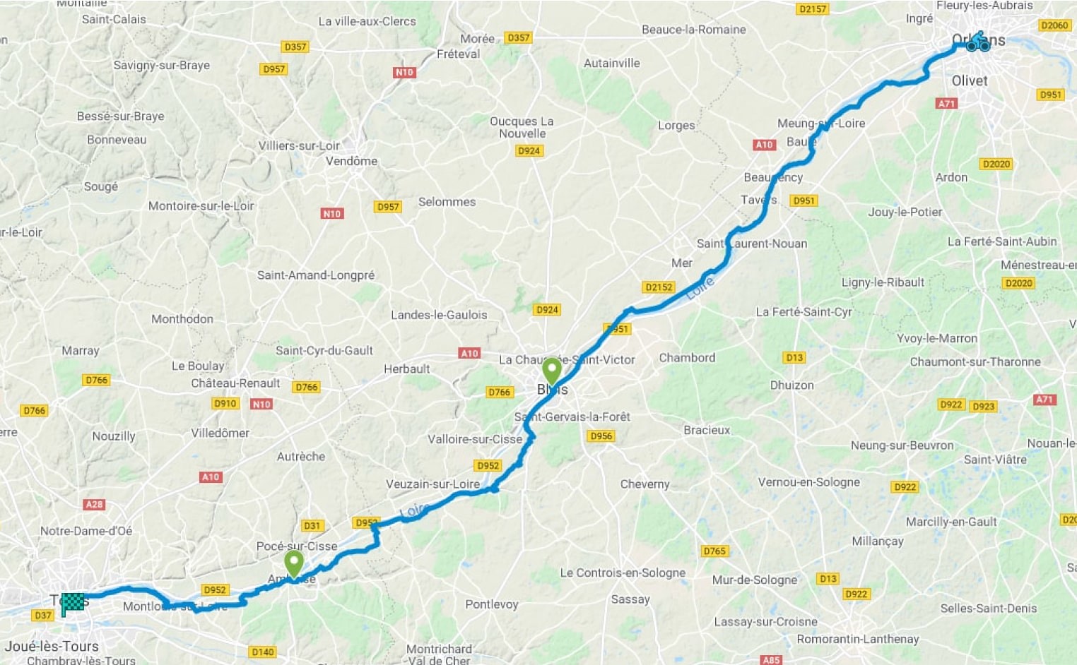 Route van de 5-daagse Fietsvakantie langs de Loire van Orléans naar Tours