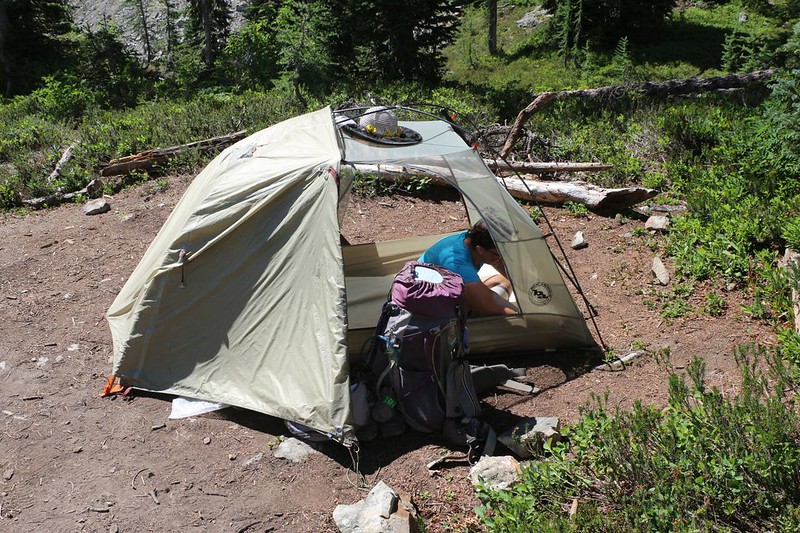 We set up camp at one of the larger campsites below Woody Pass, as this one was sheltered and closer to water