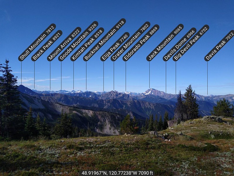PeakFinder Earth annotated photo showing the peaks to the south, from Lakeview Ridge on the Pacific Crest Trail
