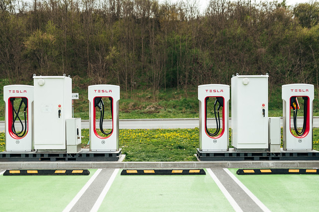 Tesla super chargers at an IKEA parking area