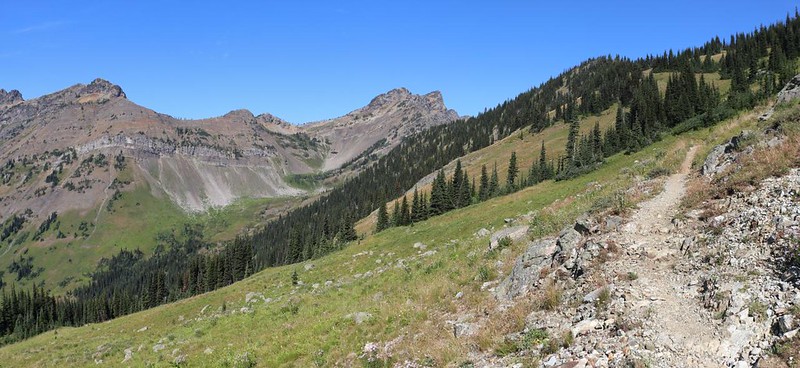 Looking back north toward Powder Mountain and Rock Pass (center) as we head into the big meadow