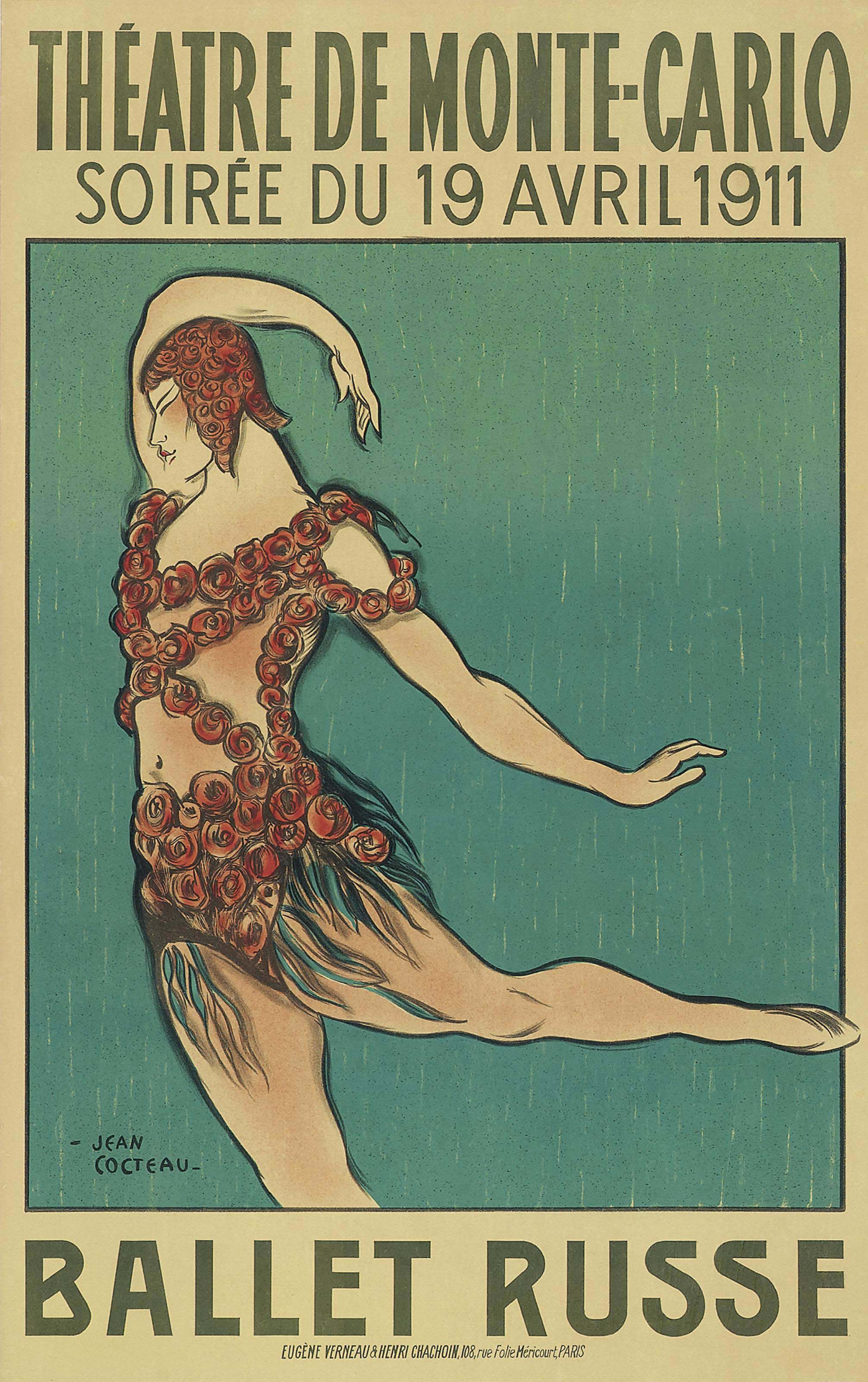 Jean Cocteau (1889-1963) :: Théatre de Monte-Carlo; Ballet Russe; [Nijinsky]. Lithograph in colours, 1911