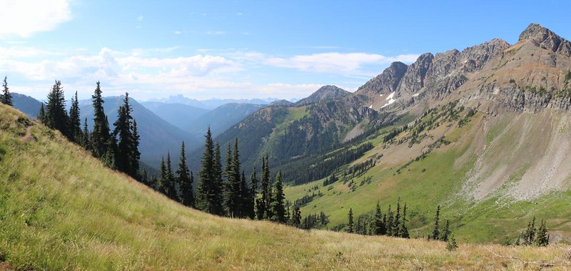Panorama view from Rock Pass on the PCT with Shull Mountain (right) and the Canyon Creek valley, below