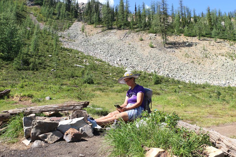 Vicki cooled her hot feet in our old campsite west of Windy Pass on the Pacific Crest Trail