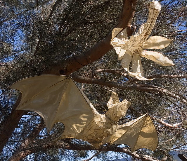 Bat and flower sculpture at Tucson Botanical Gardens, December 2022