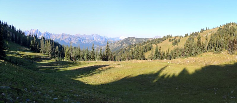 Panorama view southwest down the Bensen Creek drainage - it was too early to take a break but we liked the view