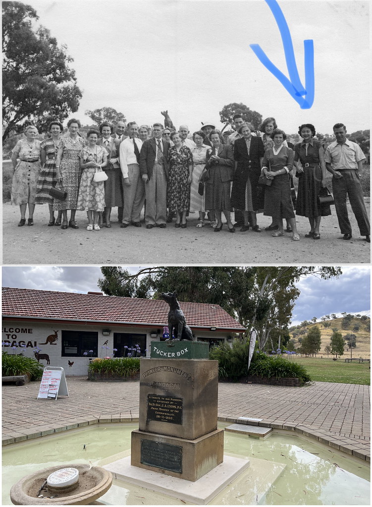 My aunt at the Dog On The Tucker Box, Gundagai, probably late 1940s - vs the same location in 2022