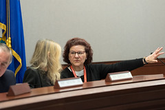 State Rep. Cindy Harrison, Ranking Member of the Commerce Committee talks with Committee Chair Sen. Hartley during a meeting on January 10, 2023.