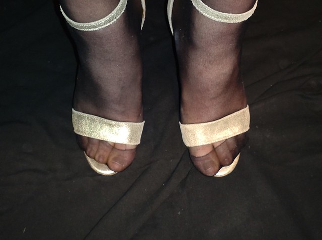 Silver heels black nylon