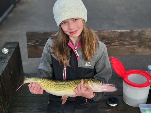Photo of girl on a dock holding a yellow fish