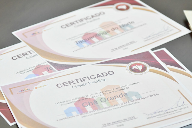 Entrega dos certificados CIDADE PACÍFICA para Recife, Cupira, Toritama, Taquaritinga do Norte e Chã Grande