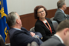 State Rep. Cindy Harrison, Ranking Member of the Commerce Committee talks with Rep. Meskers during a meeting on January 10, 2023.