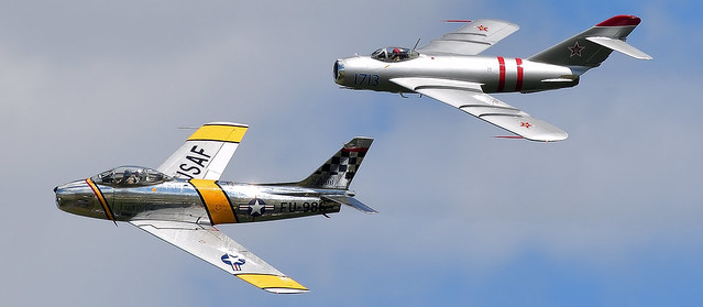 North American F-86 Sabre 24986 N188RL FU-986  USAF 52-4986 & PZL-Mielec Lim-5 MiG 17 1713 N1713P served with the Polish Air Force