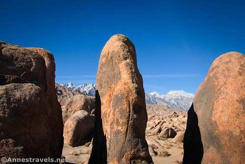 Fin-style rock formations and Mt. Whitney in the Alabama Hills National Recreation Area, California