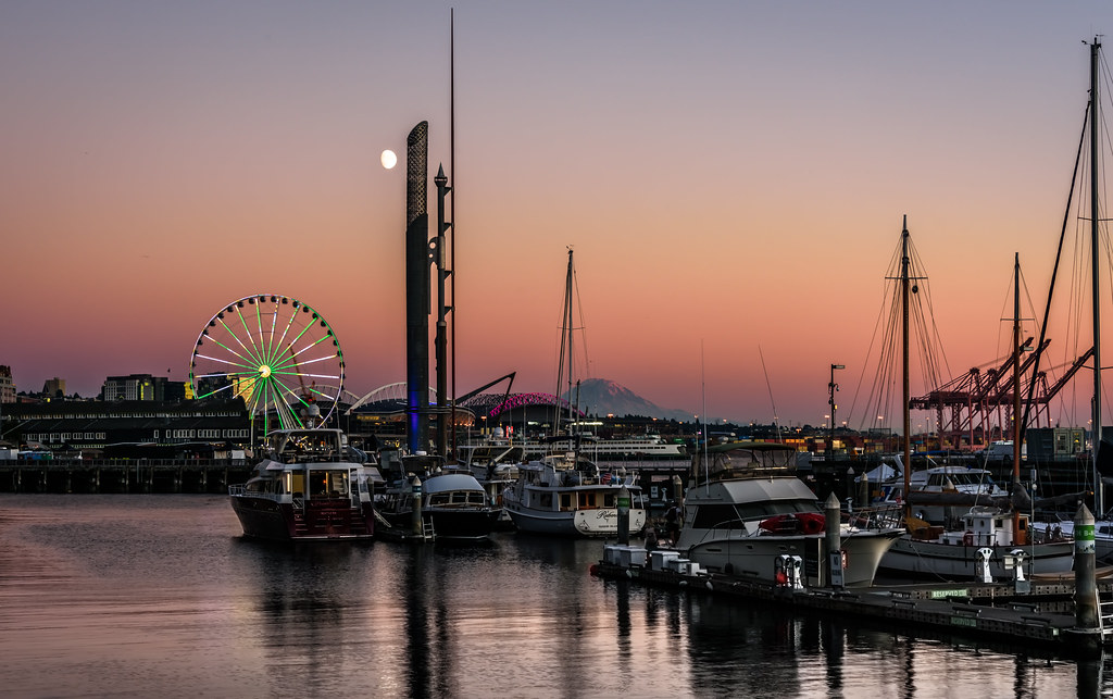Shining Seattle  Pier 57 under moon in Twilight times (explored # 45, Jan 12th, 2023)