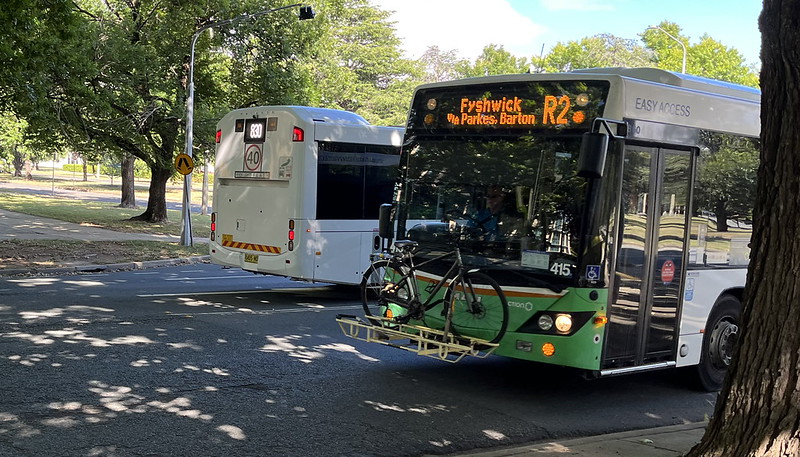 Canberra buses, including a bicycle loaded on a rack