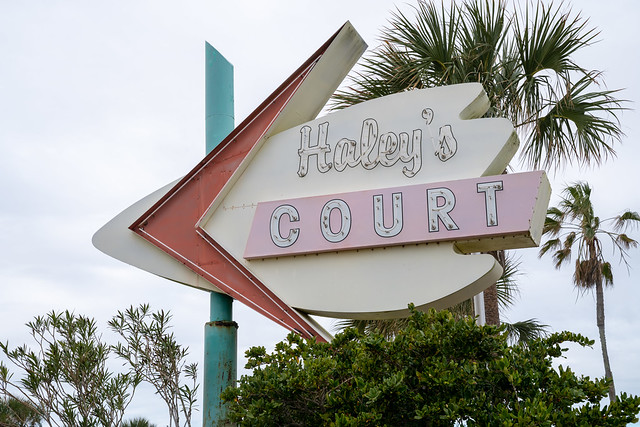 Vilano Beach, Florida - December 29, 2022: Retro neon sign for Haleys Court motel on an overcast day