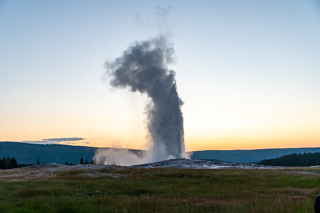 Old Faithful geyser erupts in Yellowstone National Park at sunset