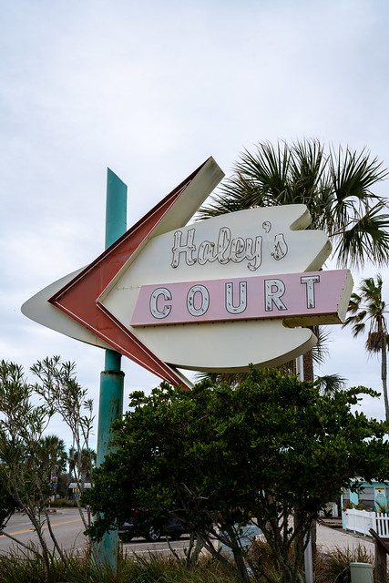 Vilano Beach, Florida - December 29, 2022: Retro neon sign for Haleys Court motel on an overcast day