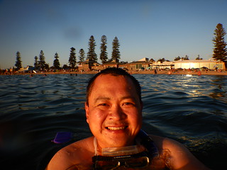 Alpha swimming at sunset at Elwood Beach on a hot 39c Summer Saturday