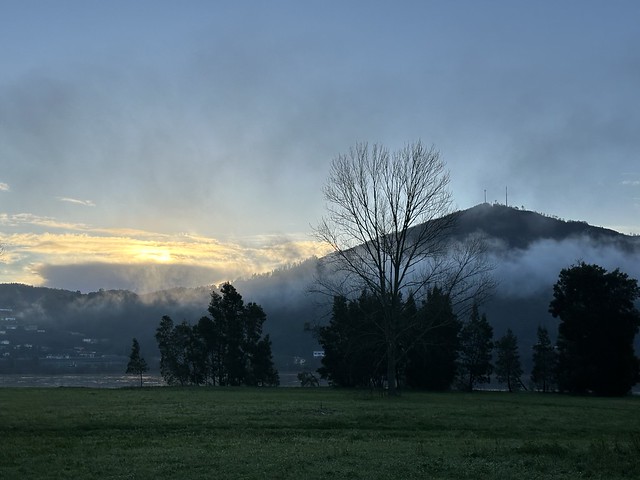 Misty morning sunrise in the mountains over Minho river, Tabagón, O Rosal, Galicia, Spain, January 2023