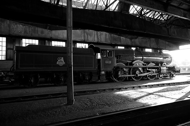 GWR Locomotive No.6023, 'King Edward II' on shed at Didcot. Didcot Railway Centre. 24 10 2021 bw