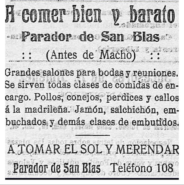 Anuncio del Parador de Macho, en  San Blas, en la prensa de Toledo en el año 1914