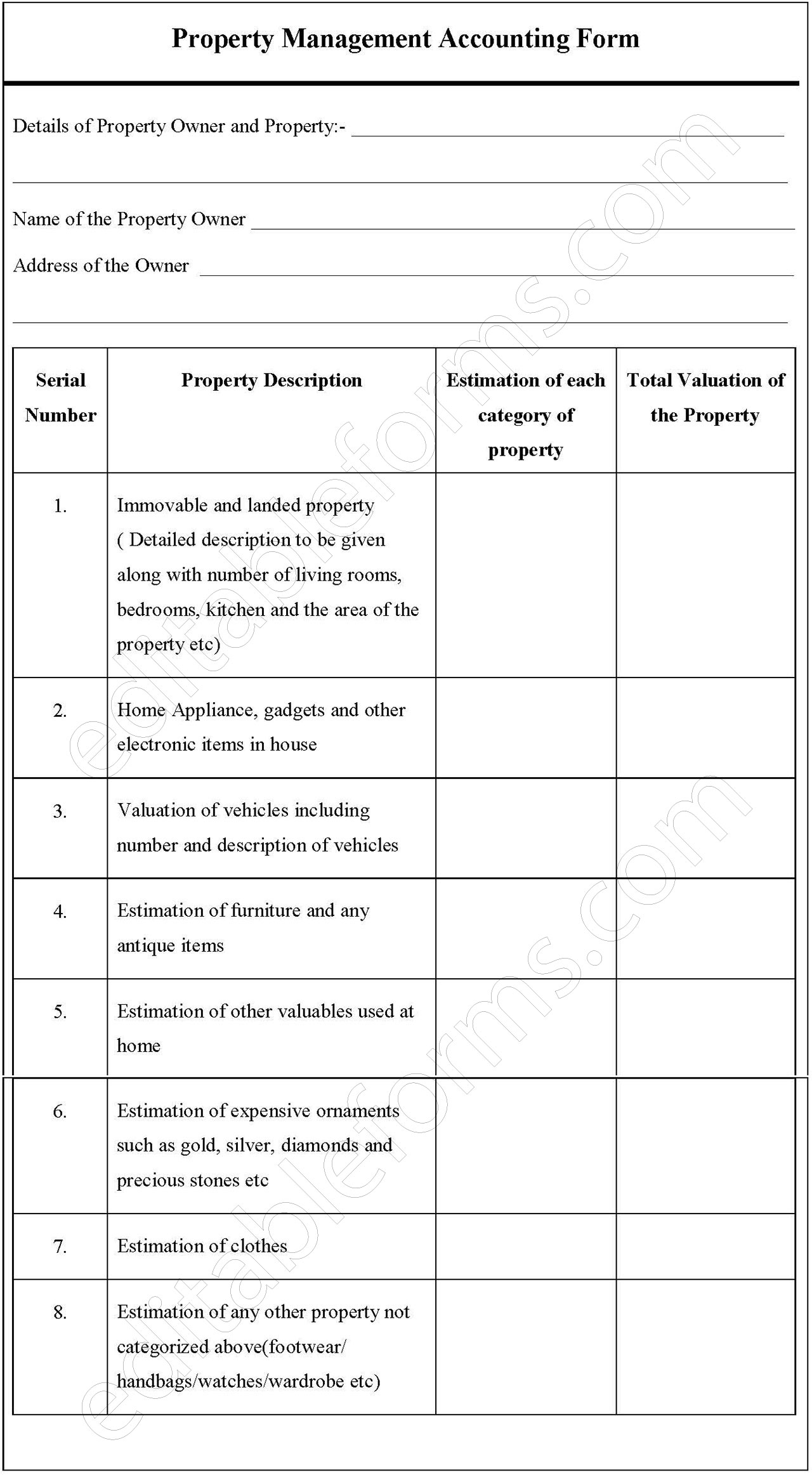 Property Management Accounting Form