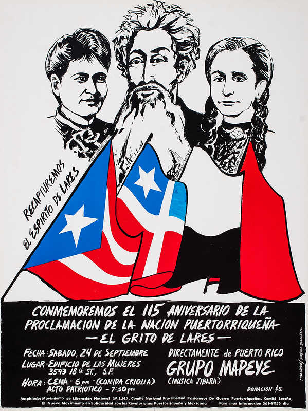 The Grito de Lares in 1886, also referred to as the Lares rebellion, was the first major revolt against Spanish rule in Puerto Rico. The Grito de Lares was led by Ramon Emeterio Betances and Segundo Ruiz Belvis. The Lares flag was designed by Betances and made by Mariana Bracetti.  Bracetti, known as Brazo de Oro (Golden Arm) was the leader of the "Lares’ Revolutionary Council." Another leader, Lola Rodriguez de Tió was also a poet.  Inspired by the uprising, she wrote patriotic lyrics to the existing tune of "La Borinqueña" She believed in women’s rights, was committed to the abolition of slavery, and the independence of Puerto Rico. Today, Lola Rodriguez de Tio's "La Borinqueña" is considered the national anthem of Puerto Rico.   <a href="https://puertoricosyllabus.com" rel="noreferrer nofollow">puertoricosyllabus.com</a>