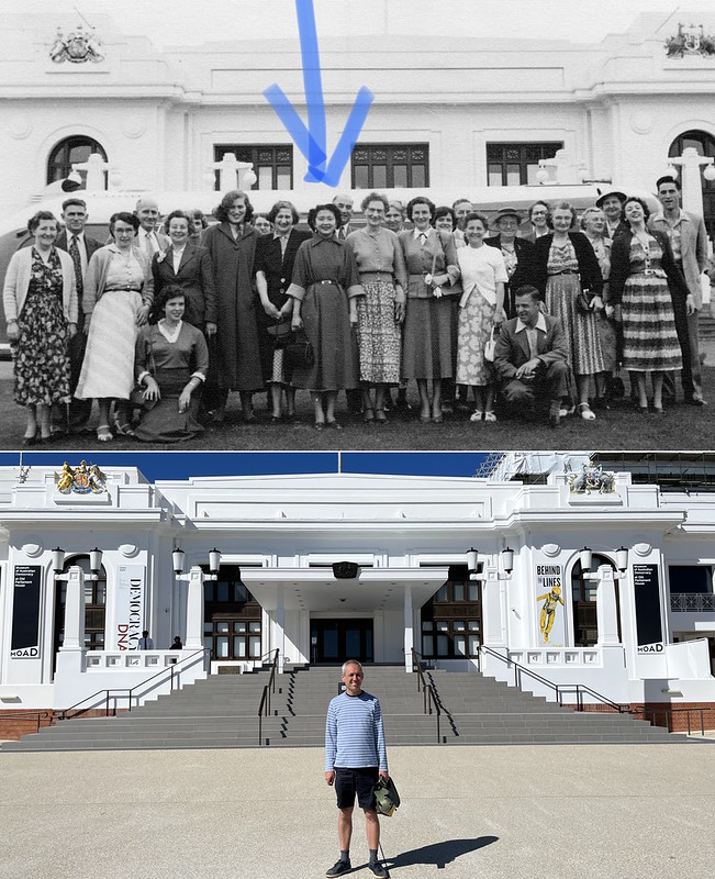 Visiting Old Parliament House: My aunt (circa late 1940s) and me (2023)