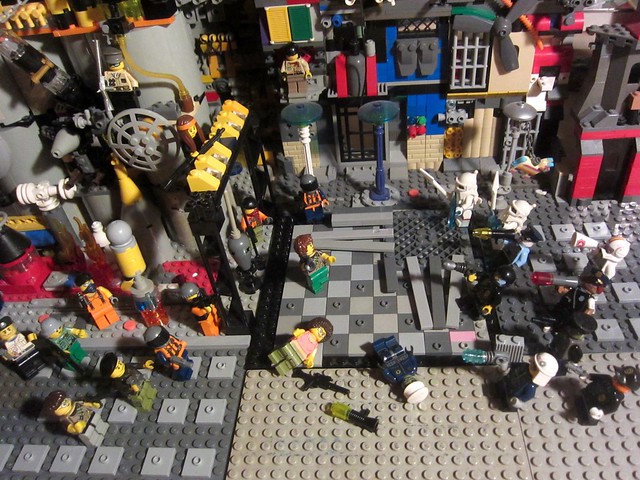 Classic Space: Lower Urban Level Skirmish between The Eco-terrorist faction and Local Law-enforcement and local militia agents (FOL MOC LEGO sci-fi vignette underhive battle hobby Photography) Toys display