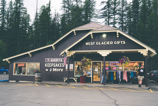 West Glacier, Montana - July 3, 2022: Exterior of the West Glacier Gifts shop, selling t-shirts and keepsakes from Glacier National Park