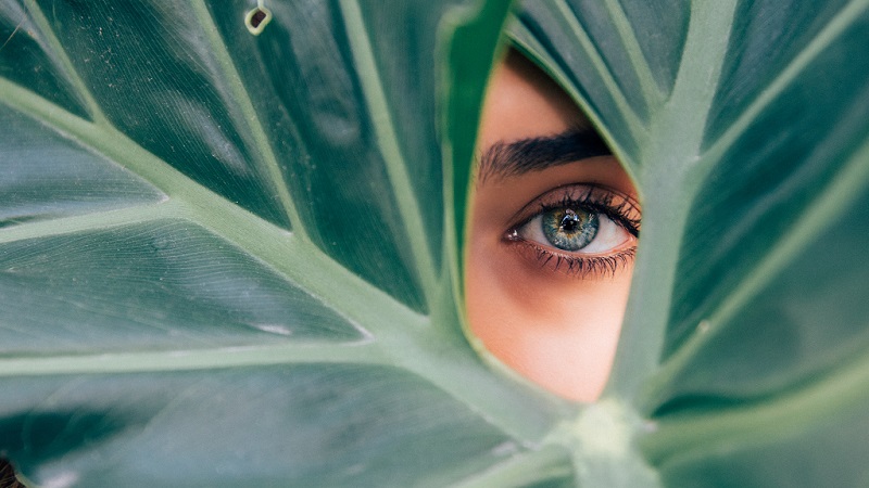 Stock imagery of a woman wearing false lashes and peering through some green foliage. 