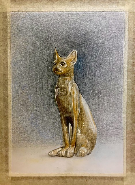 Last stage. Still life study.  Coloured pencil drawing by jmsw on thick card, of an Egyptian Cat sculpture from Antiquity.