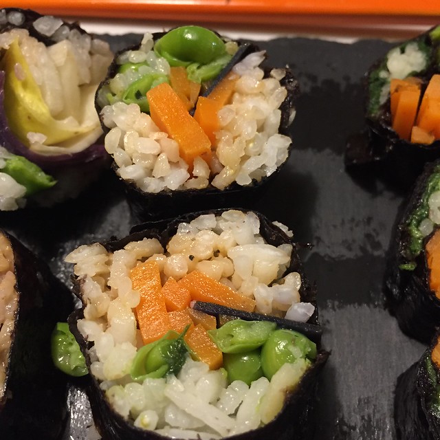 kimbap, mine are vegan, just vegetables and rice