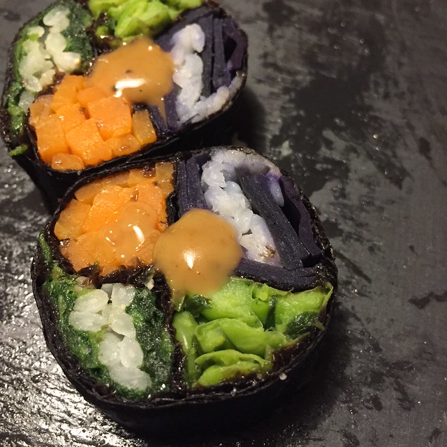 kimbap, mine are vegan, just vegetables and rice