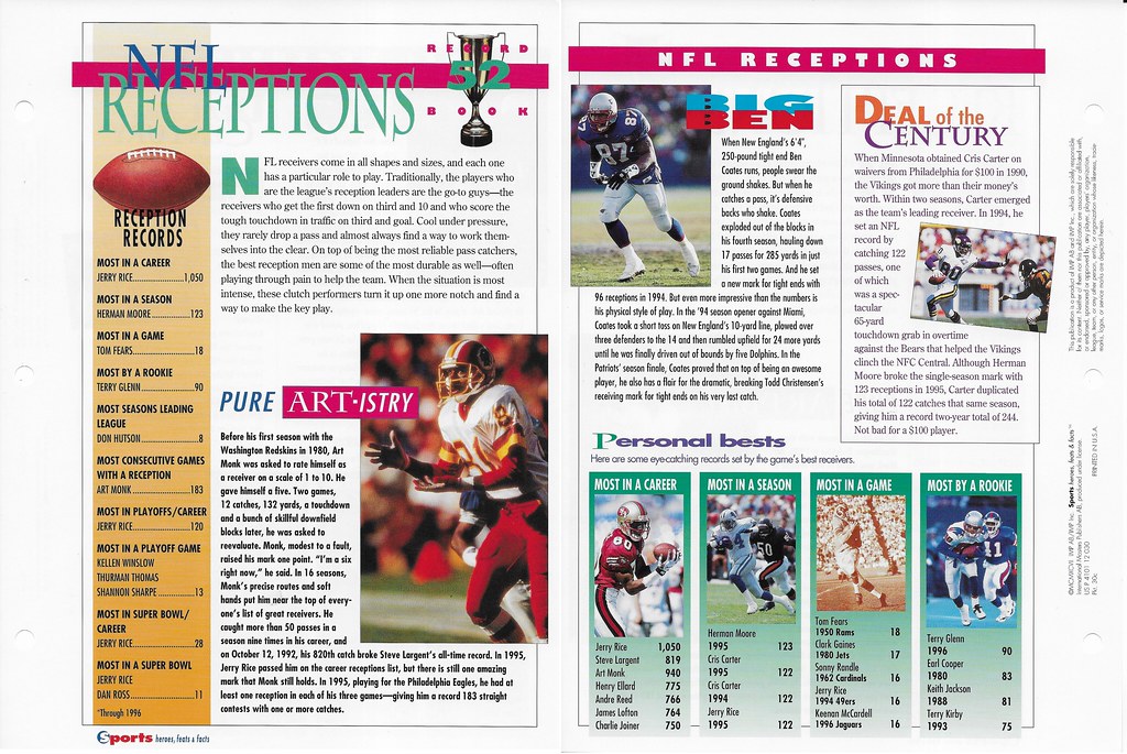 1997 Sports Heroes Feats & Facts - Record Book - Monk, Art - Rice, Jerry - Carter, Cris 30c