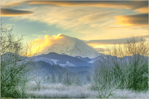 Mt Rainier Sunrise - Near Enumclaw by ScottElliottSmithson, mtrainier mountrainier sunrise sunrises volcano mountain mountains peak peaks cloud couds lenticular