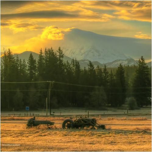 Mt Rainier Sunrise Tractor by ScottElliottSmithson, mtrainier mountrainier landscape goldenhour sunrise sunrises tractor abandoned ruraldecay field fiel