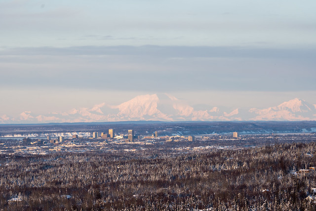 Mount Foraker behind Downtown Anchorage