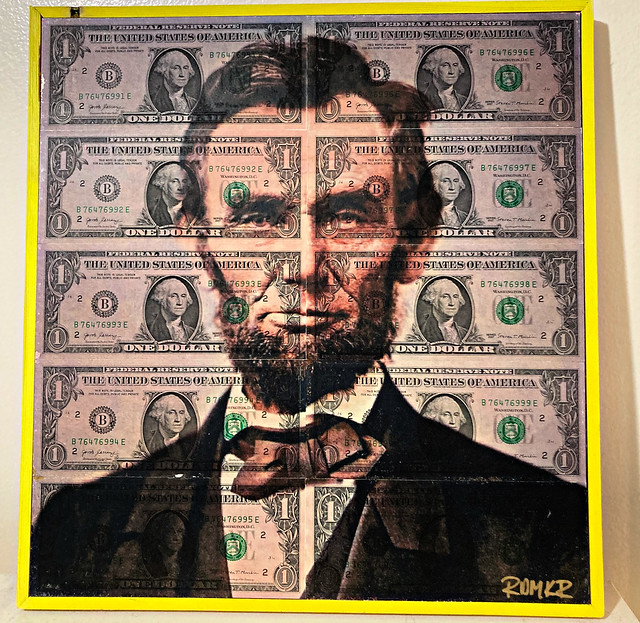 neon yellow square 13 x13 Abraham Lincoln on wood.