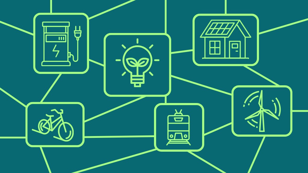 A graphic showing different items associated with sustainable transport, energy and buildings, including an electric train, a bike, a solar-powered house, a wind turbine and an electric car charger. 
