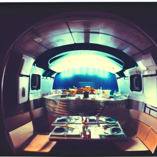 Polaroid photo of restaurant at the end of the universe seen from a space ship