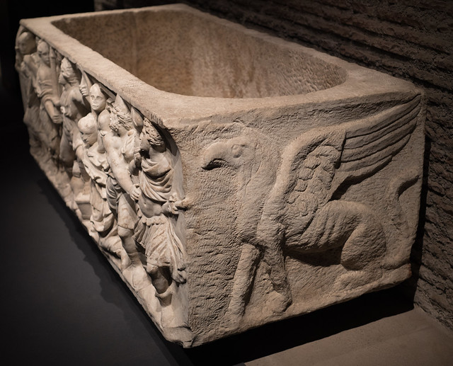 Roman sarcophagus with relief representing Achilles on Skyros, 5: right end with griffin