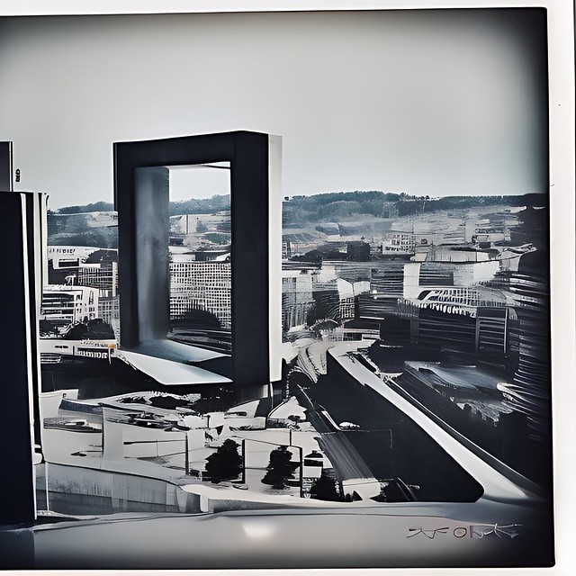 Polaroid of futuristic Stuttgart modern cyberpunk brutalist
