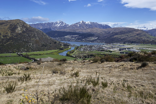 queenstown nz newzealand frankton remarkables ski area station lowershotover river snowless mountains country landscape view otago