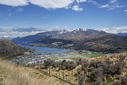 queenstown nz newzealand frankton remarkables ski area station snowless mountains country landscape view airport lake wakatipu otago