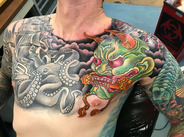 Japanese Hannya, octopus, ship, tattooed by Brandon Notch