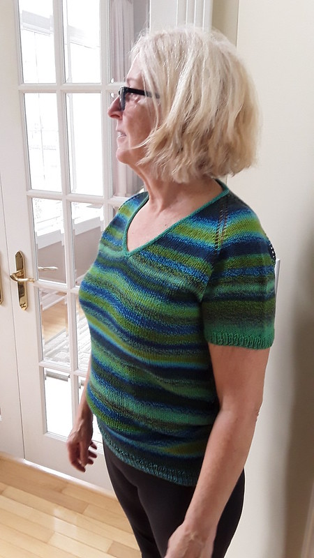 Jane finished her Rock It Tee by Tanis Lavallee knit using Schoppel Wolle Zauberball Crazy.