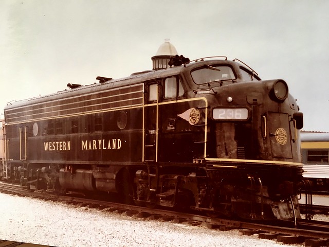 Western Maryland EMD. F-unit 236 on display @ B&O Railroad Museum. 1984.